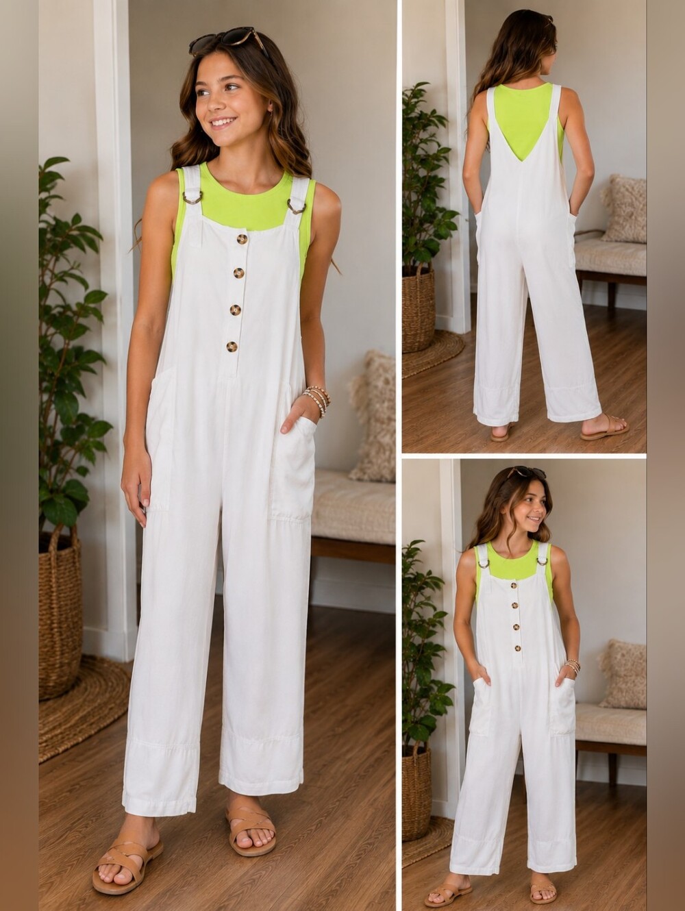Habitual Kids Wide Leg 2 Piece White Overall Jumpsuit + Neon Tank Girls Size 14